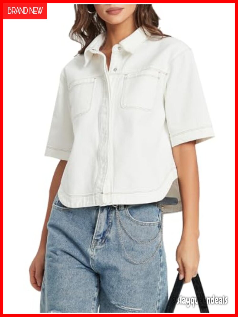 Women's Denim Shirt Short Sleeve Button Down Casual Jean Jacket Shacket Cotton